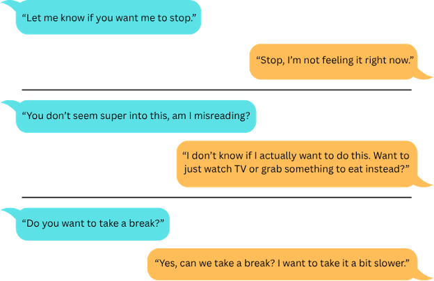 Chat exchange with three separate dialogues that each have a light blue speech bubble representing Speaker A, and orange speech bubble representing Speaker B. The speakers are discussing consent. In the first dialogue, Speaker A says, “Let me know if you want me to stop.” Speaker B replies, “Stop, I’m not feeling it right now.” In the second dialogue, Speaker A says, “You don’t seem super into this, am I misreading?” Speaker B replies, “I don’t know if I actually want to do this. Want to just watch TV or grab something to eat instead?” In the third dialogue, Speaker A says, “Do you want to take a break?” Speaker B replies, “Yes, can we take a break? I want to take it a bit slower.”